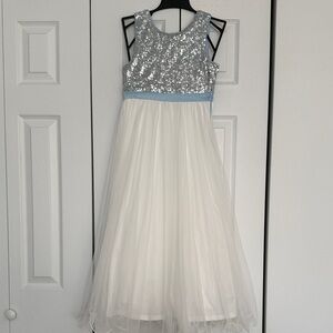 Elegant Silver/Light Blue and White Kids Formal Dress - NWOT
